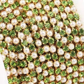1 Yard SS6 White Pearl & Peridot Crystal Gold Metal Chain Rhinestone Banding